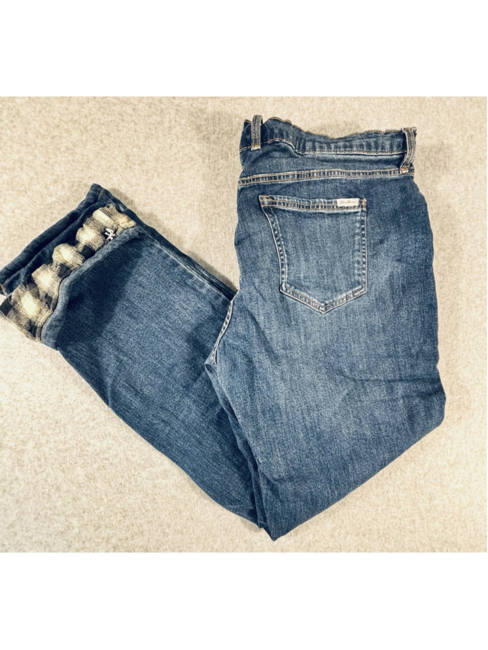 Eddie Bauer Womens 18 Lined Jeans Plaid Cuff Straight Leg Blue Denim Pants